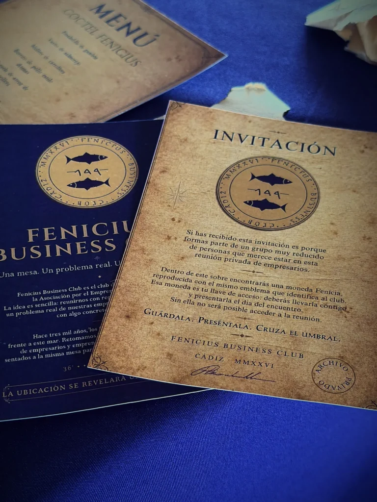 Invitación en pergamino del Fenicius Business Club junto al menú del Cóctel Fenicius sobre un mantel azul