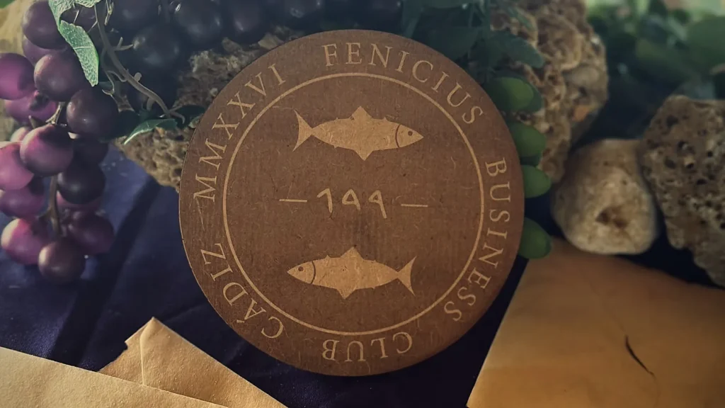 Moneda de madera del Fenicius Business Club con dos atunes y el nombre de Gadir en letras fenicias, entre uvas y sobres de pergamino